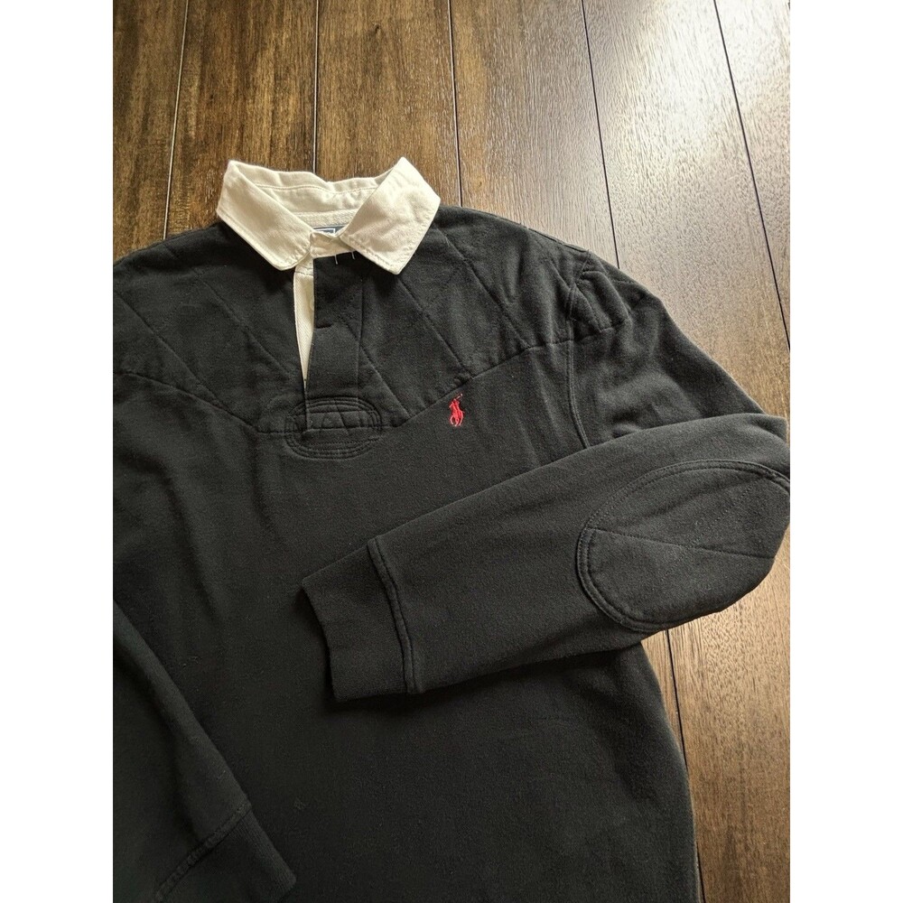 Polo Ralph Lauren Rugby Shirt Black Quilted Shoulders Elbow Patches Large
